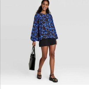 Blue and black long sleeve blouse